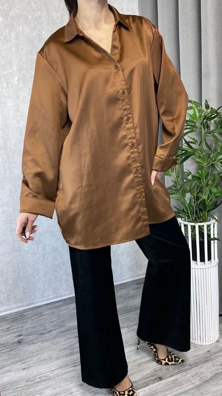Other Elegancka koszula satynowa brązowa biznesowa rozmiar 46 18 plus size product image